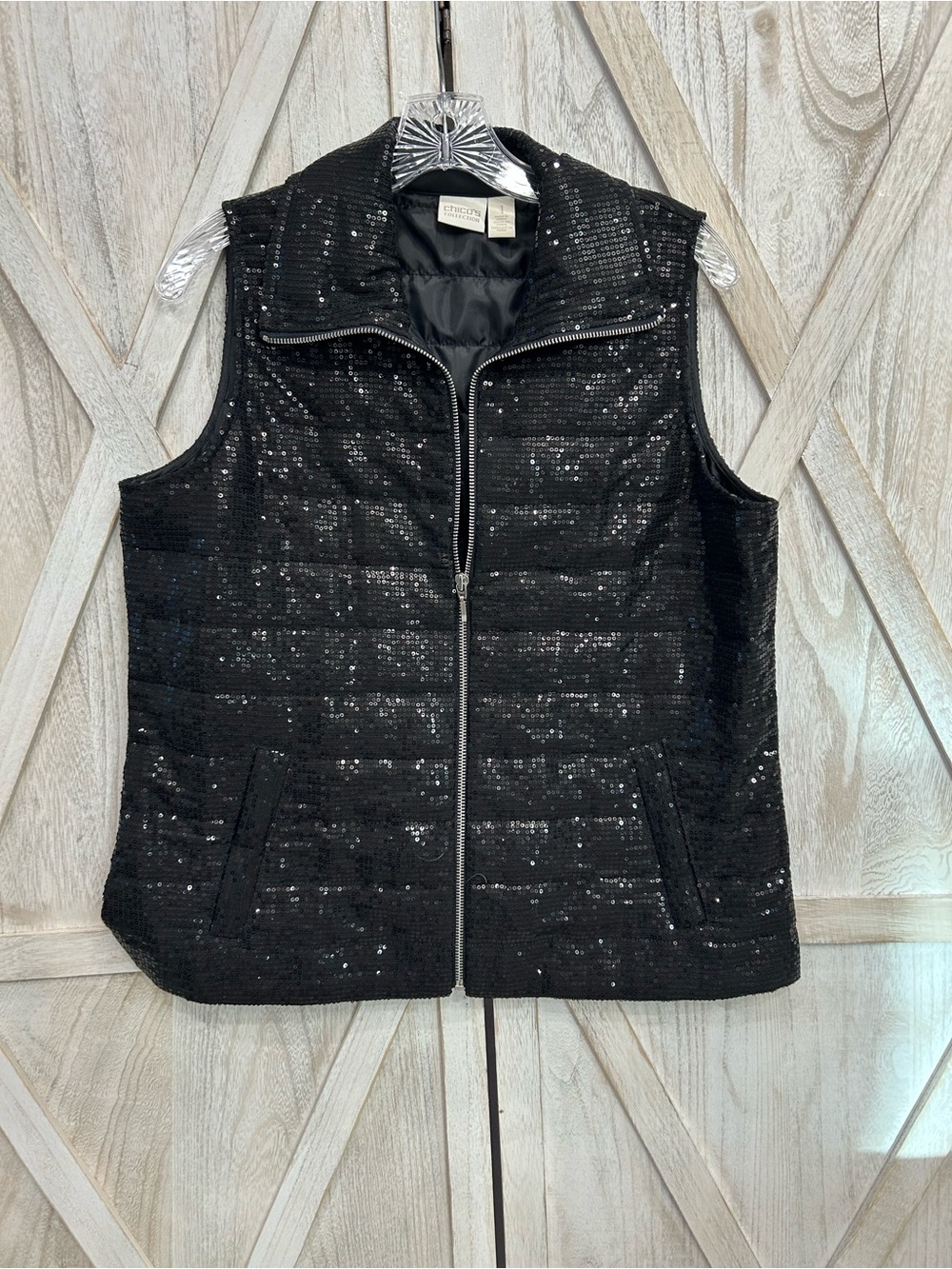 Chico's Black Sequin Quilted Vest with Zip Front